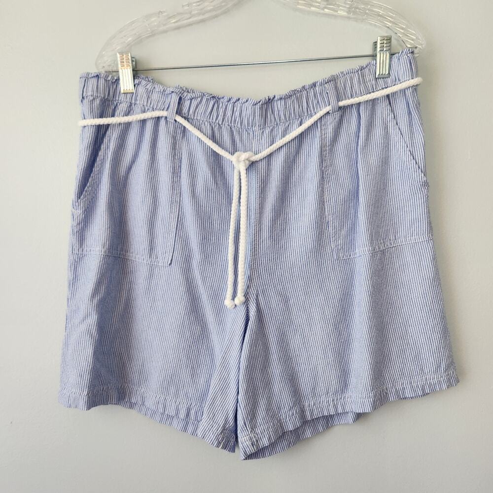 Per Se Linen Blend Shorts Women XL Blue Stripe Belted Elastic Waist Beach Travel